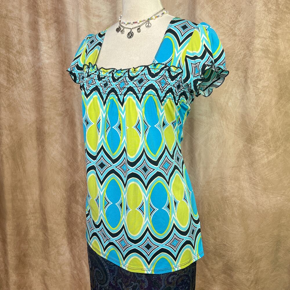 Vintage Y2K Geometric Babydoll Top Square Neck Smocked Cap Sleeve Boho Retro Mod